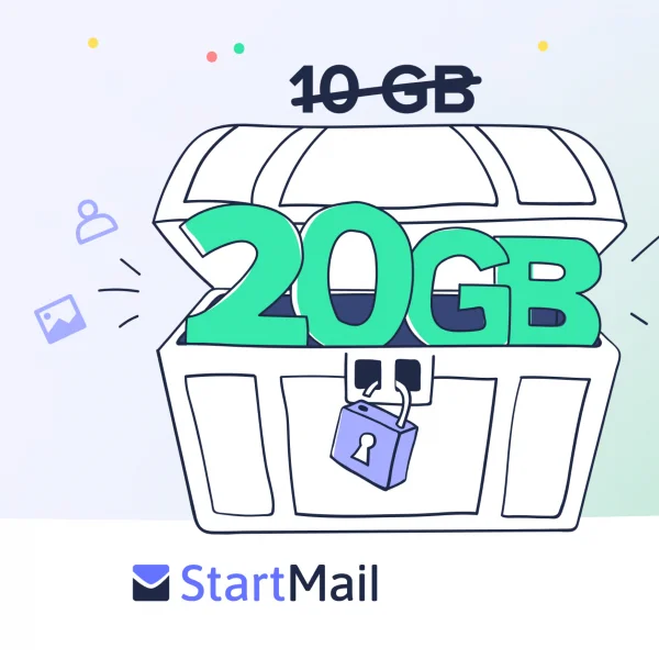 Logo StartMail, skrzynia z podpisem "20 GB" i przekreślonym "10 GB"